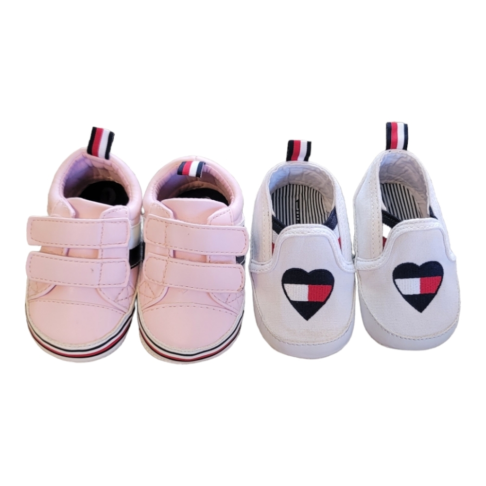 2 pairs of Tommy Hilfiger Baby Shoes Sneakers  size USA 1 pink & white w/ heart